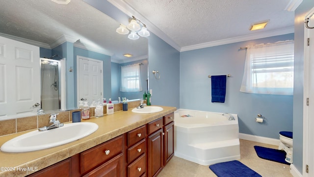 full bathroom with tile patterned flooring, shower with separate bathtub, a textured ceiling, and plenty of natural light