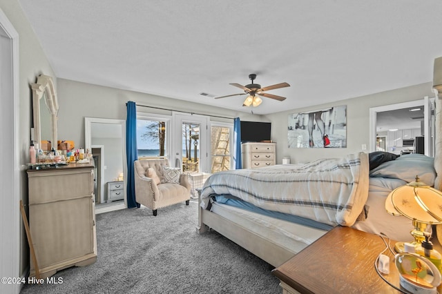 bedroom featuring carpet, french doors, and ceiling fan