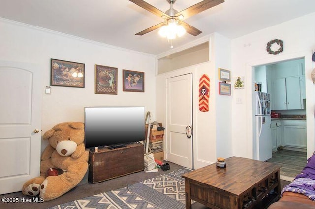 living room with ceiling fan and crown molding