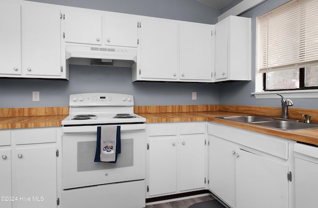 kitchen with white appliances, white cabinetry, and sink