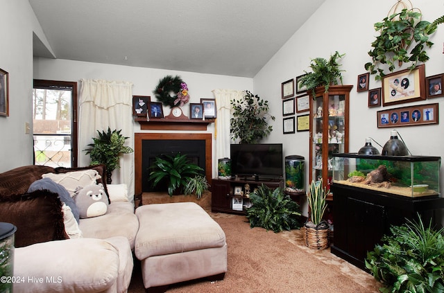 carpeted living room featuring lofted ceiling