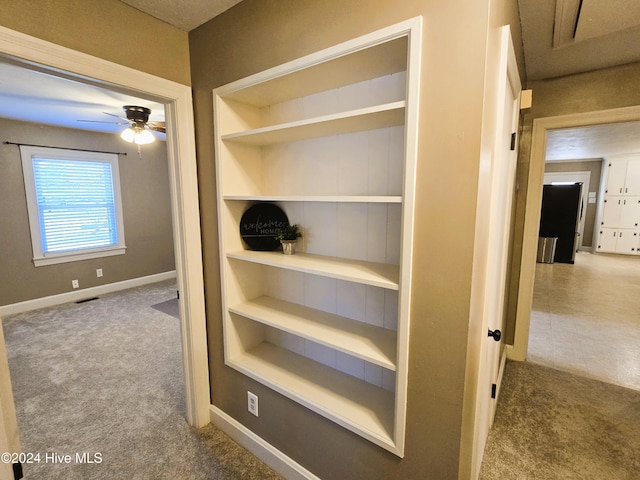 corridor with built in shelves and carpet floors