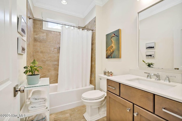 full bathroom with ornamental molding, vanity, shower / bath combo with shower curtain, tile patterned flooring, and toilet