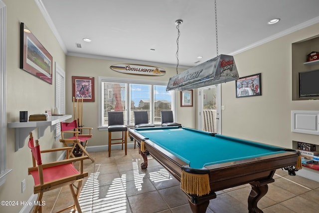 recreation room featuring tile patterned floors, crown molding, and billiards