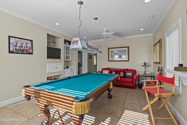 recreation room with ornamental molding, ceiling fan, built in features, tile patterned flooring, and pool table