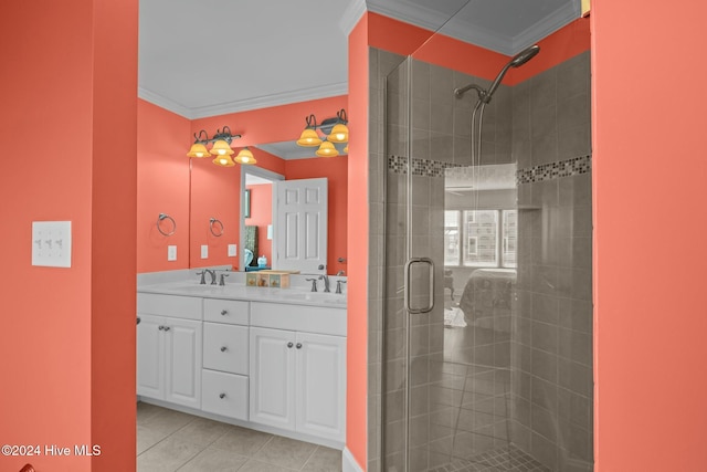 bathroom with tile patterned flooring, vanity, an enclosed shower, and crown molding