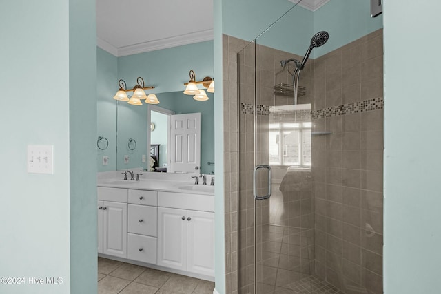 bathroom featuring tile patterned floors, vanity, ornamental molding, and walk in shower