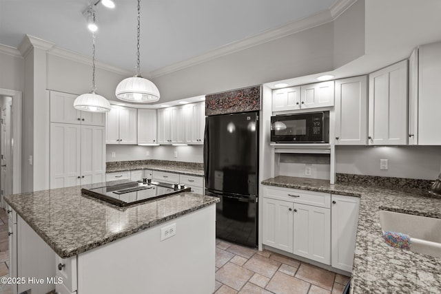 7 Brinyan Ct, Pinehurst, NC 28374 - kitchen featuring black appliances, ornamental molding, a kitchen island, stone tile flooring, and stone counters