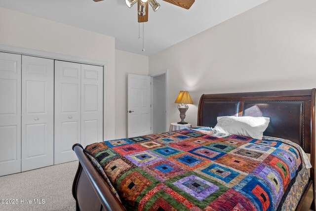 7 Brinyan Ct, Pinehurst, NC 28374 - bedroom with light colored carpet, a closet, and a ceiling fan