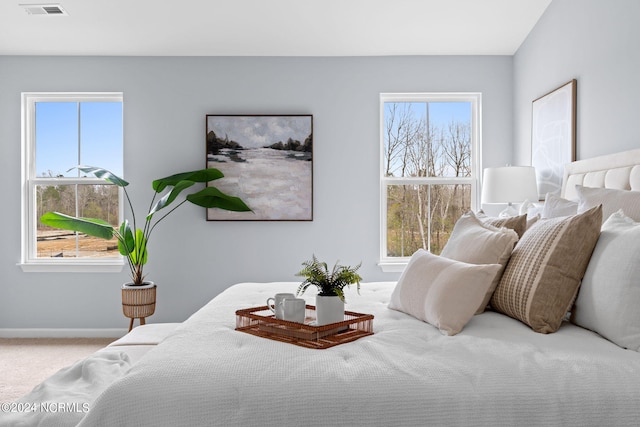 bedroom featuring baseboards, visible vents, and carpet floors