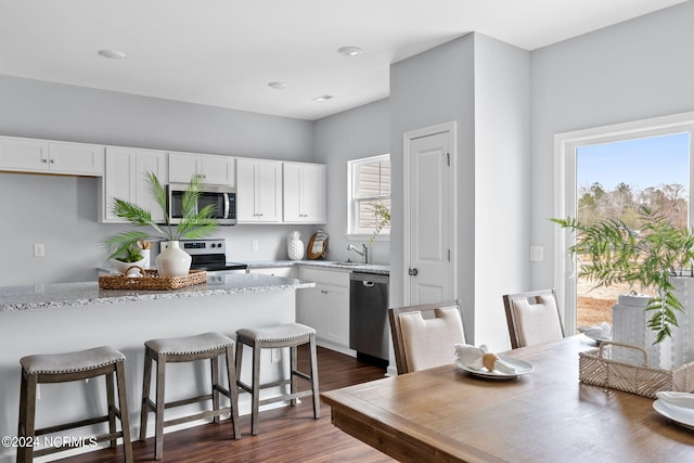 kitchen featuring plenty of natural light, a breakfast bar area, white cabinetry, and stainless steel appliances