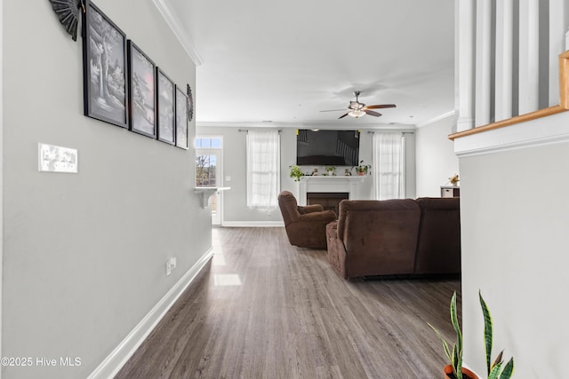 living room with hardwood / wood-style flooring, ornamental molding, and ceiling fan