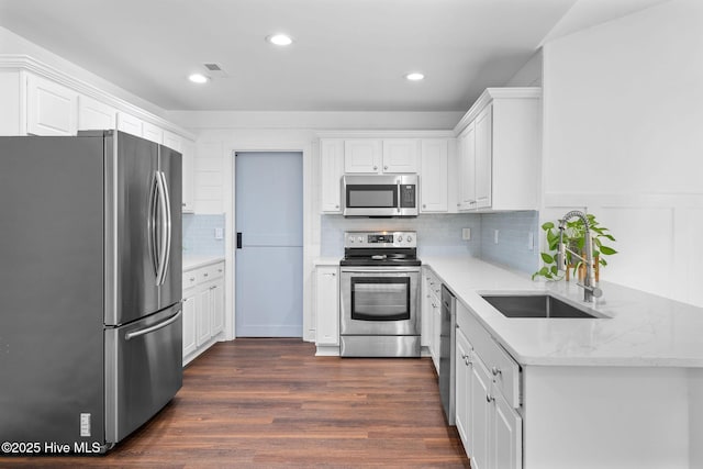 kitchen with light stone countertops, appliances with stainless steel finishes, dark hardwood / wood-style flooring, sink, and white cabinetry