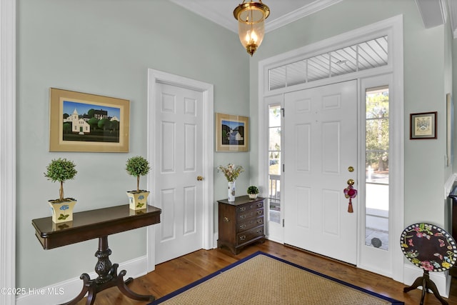 entrance foyer with crown molding and dark hardwood / wood-style flooring