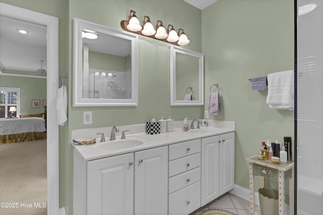 bathroom with vanity, tile patterned floors, and ceiling fan