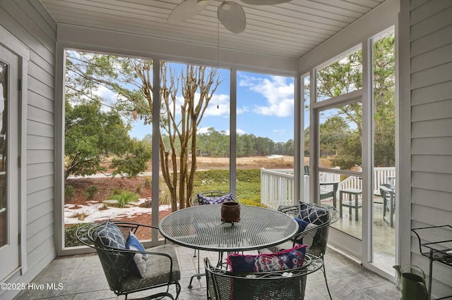 sunroom / solarium with ceiling fan, plenty of natural light, and wooden ceiling