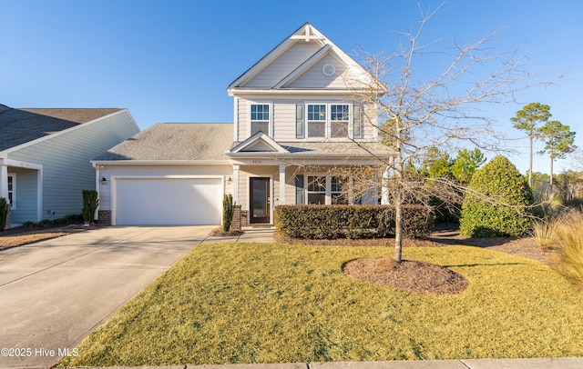 view of front facade featuring concrete driveway, a front lawn, and an attached garage