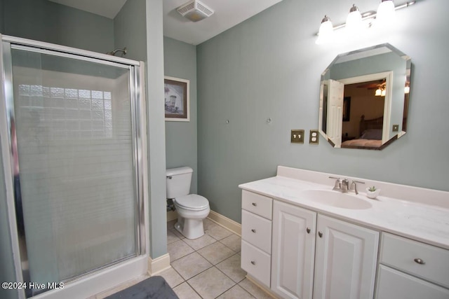 bathroom with vanity, tile patterned flooring, ceiling fan, toilet, and a shower with shower door