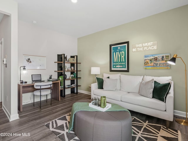 living room with dark hardwood / wood-style flooring