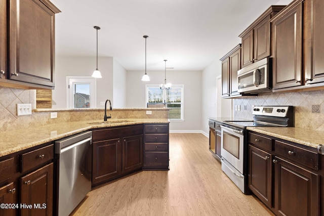 kitchen with dark brown cabinets, stainless steel appliances, sink, pendant lighting, and a notable chandelier