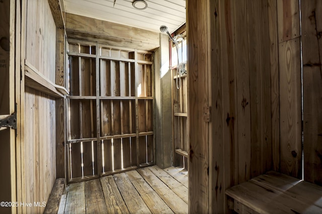 misc room with wood-type flooring and wooden walls