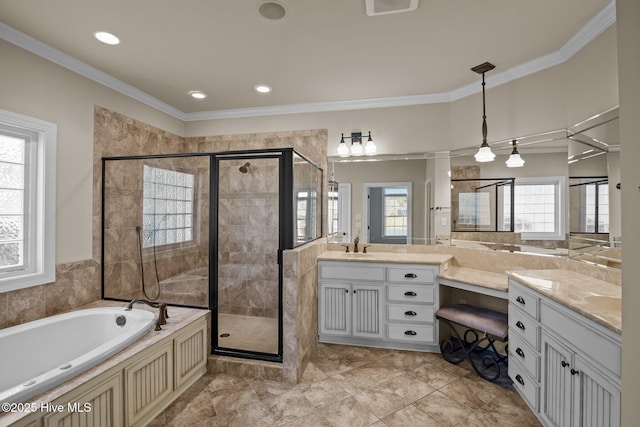 bathroom featuring a wealth of natural light, ornamental molding, shower with separate bathtub, and vanity