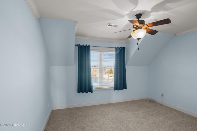 bonus room with ceiling fan, vaulted ceiling, and carpet flooring