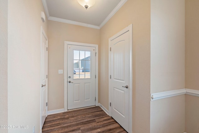 doorway to outside featuring dark hardwood / wood-style flooring and crown molding