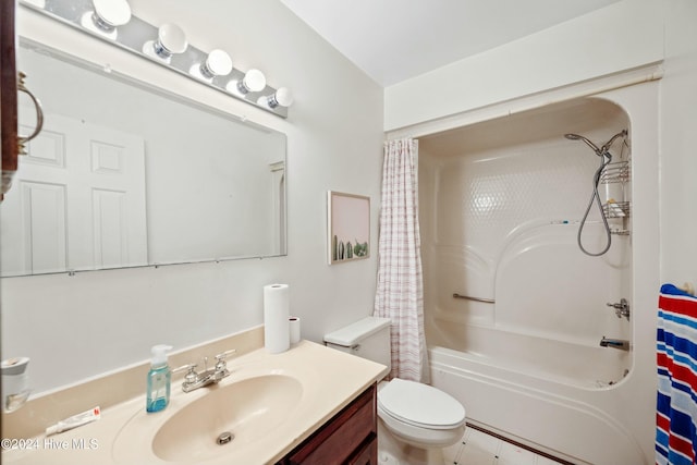 full bathroom featuring shower / bath combination with curtain, vanity, and toilet