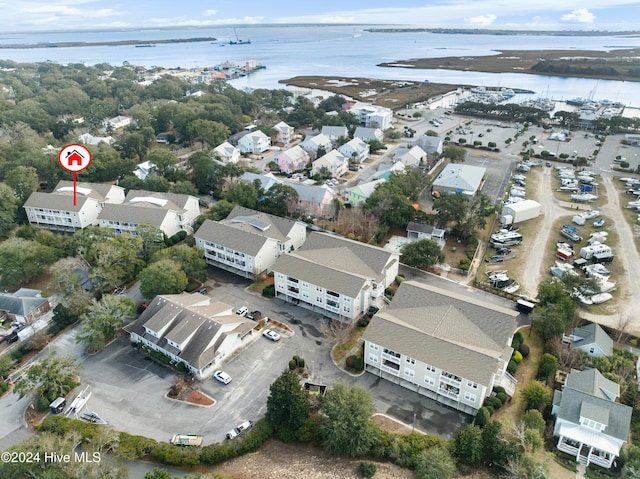 bird's eye view with a water view