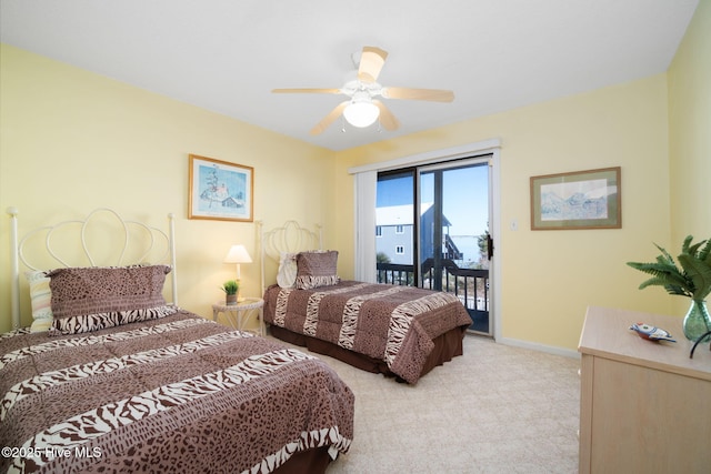 bedroom with light carpet, access to outside, and ceiling fan