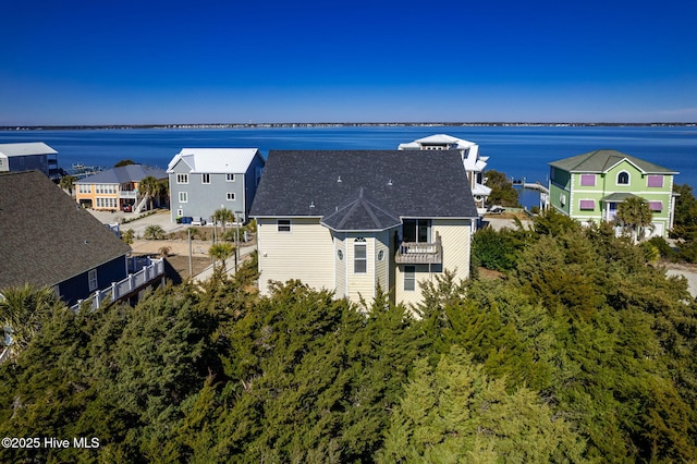 aerial view featuring a water view