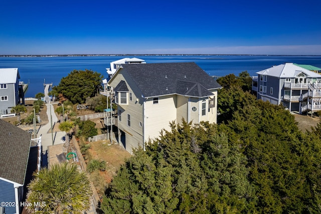 drone / aerial view with a water view