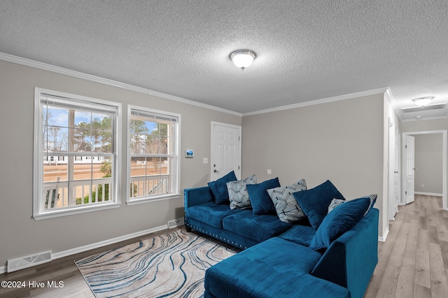 living room with ornamental molding, a textured ceiling, and hardwood / wood-style flooring