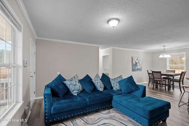 living room with hardwood / wood-style flooring, a healthy amount of sunlight, and ornamental molding