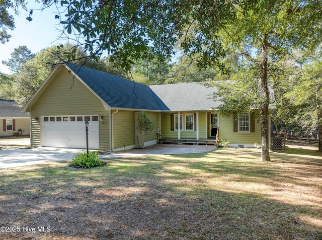 ranch-style home featuring a garage, driveway, a shingled roof, and a front lawn