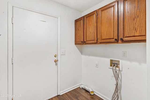 washroom with washer hookup, wood finished floors, baseboards, cabinet space, and electric dryer hookup