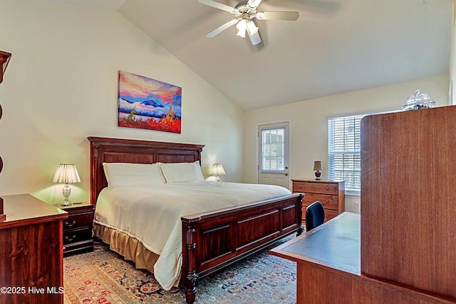 bedroom featuring lofted ceiling and ceiling fan