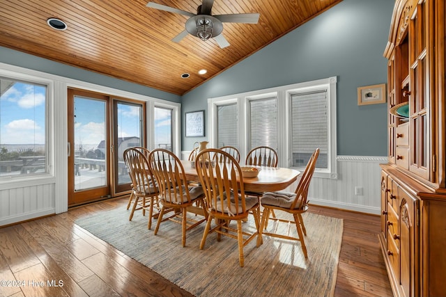 dining room featuring hardwood / wood-style flooring, ceiling fan, vaulted ceiling, and wooden ceiling