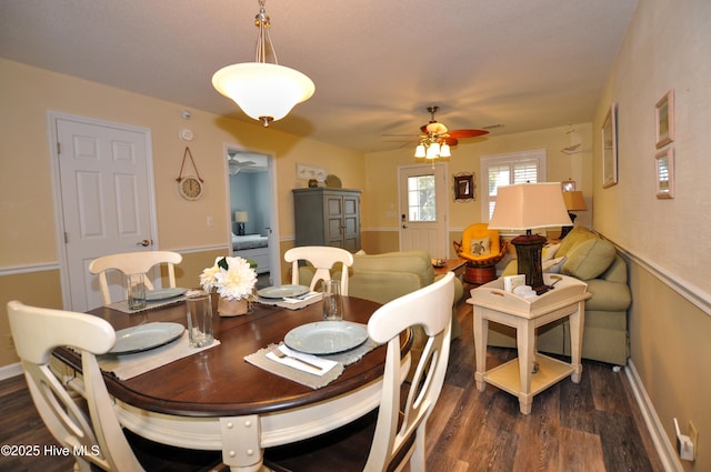 dining space with dark wood-type flooring and ceiling fan