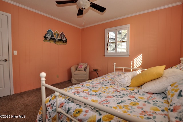 bedroom featuring crown molding, carpet, and ceiling fan