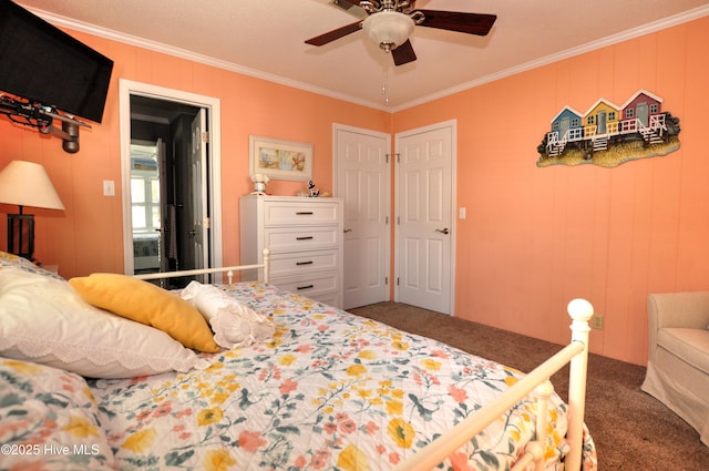 bedroom featuring ceiling fan, ornamental molding, and carpet