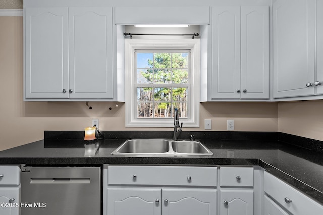 kitchen featuring dishwasher, white cabinetry, and sink