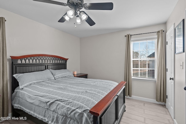 bedroom with light hardwood / wood-style floors and ceiling fan