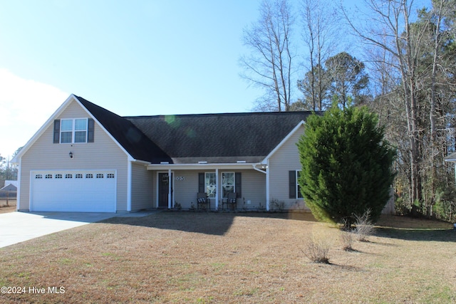 view of front facade featuring a front lawn, a porch, and a garage