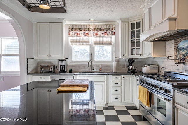 kitchen with sink, a textured ceiling, high end stainless steel range, white cabinets, and custom exhaust hood