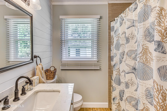 bathroom featuring wooden walls, vanity, a healthy amount of sunlight, and toilet