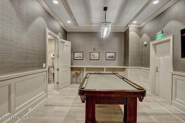 game room with ornamental molding and billiards