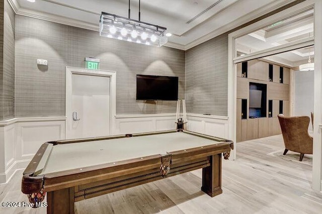 game room featuring ornamental molding, pool table, and light wood-type flooring