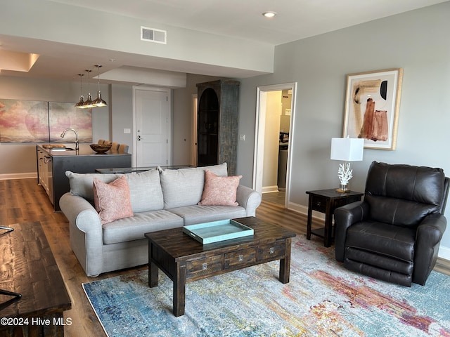 living room with dark hardwood / wood-style flooring and sink